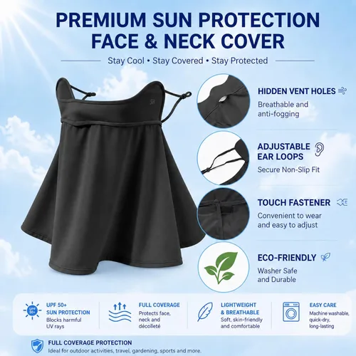 Vista 3 de Máscara facial de protección solar UPF 50+, polaina de cuello de seda de hielo, cubierta facial reutilizable UV, máscara refrescante transpirable
