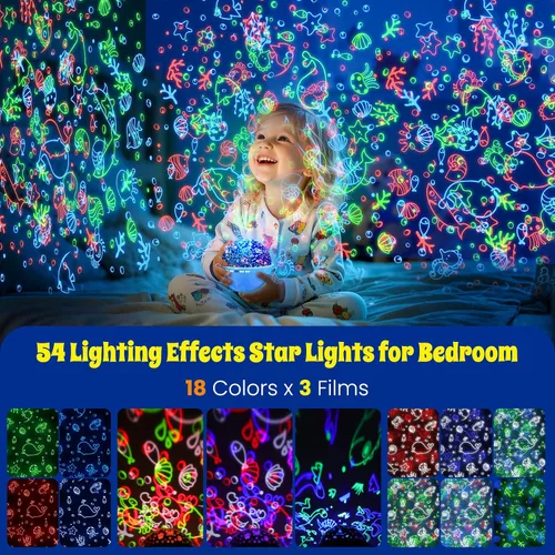 Vista 2 de Proyector de luz nocturna, luz nocturna para habitación de niños con control remoto y temporizador, rotación de 360°, 3 películas de proyección, 18
