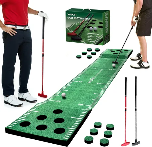 Vista 8 de Wekin Alfombra de práctica de golf para interiores con 2 putters, 2 bolas, 12 cubiertas de hoyo, tapete de entrenamiento de golf para juego