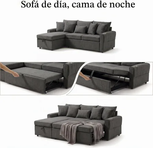Vista 8 de HIPIHOM 83'' L Shaped Sleeper Sofa Bed, Storage Chaise with Cup Holder Dark Grey