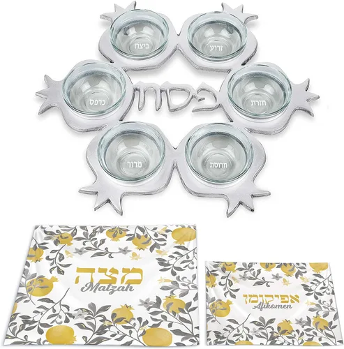 Vista 12 de Impresionante juego de seder de Pascua de granada – Plato artístico de seder con forma de granada y 6 platos de vidrio, cubierta de matzo de seda