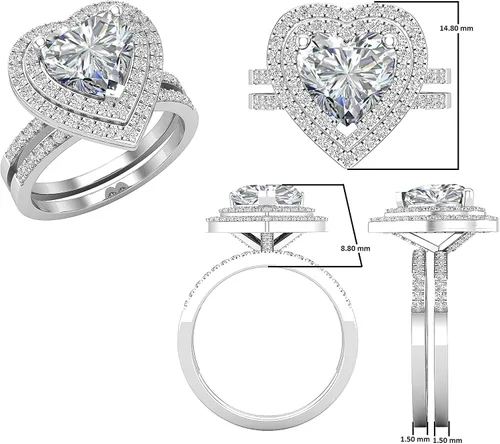 Vista 3 de Dazzlingrock Collection Juego de anillos de compromiso de doble halo con diamantes naturales redondos y piedras preciosas creadas en laboratorio