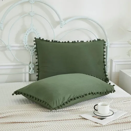 Vista 43 de Juego de 2 fundas de almohada con pompones color verde aguacate, tamaño Queen estándar, 100% microfibra lavada, funda de almohada con flecos de bola