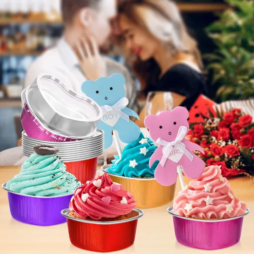 Vista 7 de 40 paquetes de moldes de aluminio en forma de corazón con tapas para hornear 3.4 onzas/3.4 fl oz para cupcakes para hornear para fiestas de boda