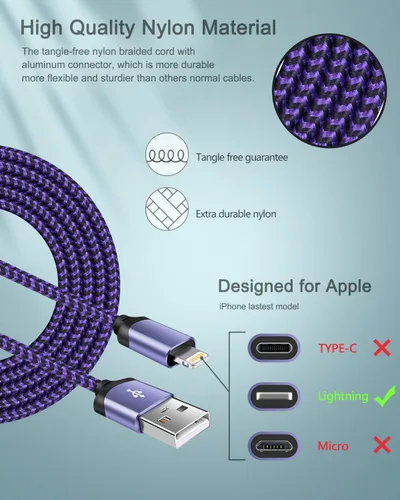 Vista 35 de AILKIN - Cargadores para iPhone con certificación MFI, cable Lightning trenzado de 6 pies de largo USB Wall Charger, Fast Charging Power Cord Plug