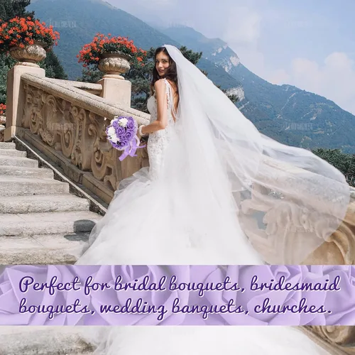 Vista 5 de AUEAR, Ramos de novia de flores para dama de honor, perla de seda, rosa artificial para fiesta de novia e iglesia (morado)
