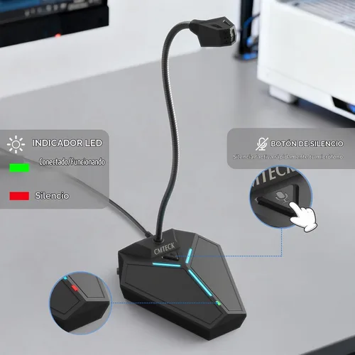 Vista 3 de Micrófono de computadora USB, micrófono de escritorio omnidireccional de condensador Plug & Play para PC y portátil, botón de silencio con indicador