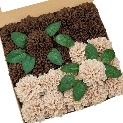 Vista 26 de Flores artificiales, 25 piezas, rosas artificiales realistas para ramos de novia, centros de mesa, arreglos, flores de Dalia negras con tallo