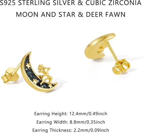 Vista 2 de Pendientes de tuerca de luna aretes de oro aretes de plata de ley ciervos cervatillos bonitos aretes de estrella para mujer con caja de regalo