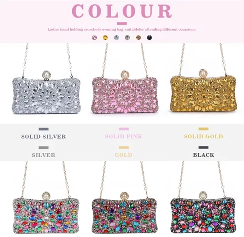 Vista 7 de SUKUTU Bolso de noche con diamantes de imitación para mujer, multicolor, con cristales deslumbrantes, para fiesta, novia, boda, cóctel, bolso