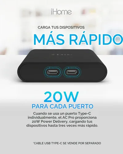 Vista 6 de iHome Cargador USB-C multipuerto de 40 W, bloque plano de 2 puertos AC Pro, adaptador de pared de carga rápida dual