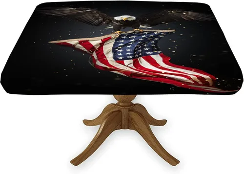 Vista 12 de Mantel cuadrado ajustable con bandera americana, 4 de julio, Día de la Independencia, manteles de madera con borde elástico, resistente a