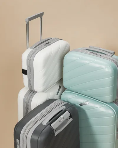 Vista 6 de LUGGEX Equipaje de mano con puerto USB, maleta ligera de PP con funda de 14 pulgadas, equipaje expandible de 2 piezas, Blanco, Equipaje de mano