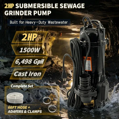 Vista 2 de Bomba sumergible de sumidero para amoladora de aguas residuales, 2HP 110V 1500W, 6498 GPH Bomba de sumidero de hierro fundido con interruptor