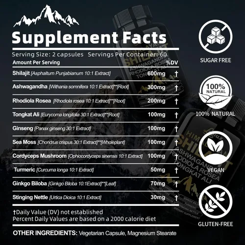 Vista 9 de Shilajit para hombres y mujeres - Cápsulas 10-en-1 de Shilajit puro del Himalaya con Ashwagandha orgánico Rhodiola Rosea Suplementos de Tongkat