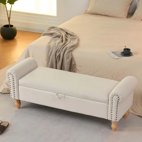 Vista 3 de Modern Storage Ottoman Bench, 54" Fabric Upholstered Benches End of Bed Bench with Rolled Arm & Solid Wood Legs Ottoman with Storage for Bedroom