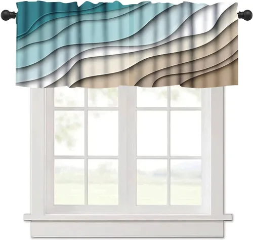 Vista 24 de Cenefa de cortina geométrica para ventanas, cenefa moderna con bolsillo para barra, 1 panel, cortinas cortas abstractas para playa, cortinas cortas