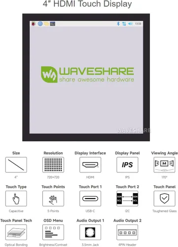 Vista 3 de waveshare Pantalla LCD IPS táctil capacitiva HDMI de 4 pulgadas compatible con Raspberry Pi 4B/3B+/3A+/2B/B+/A+/Zero/Zero W/WH/Zero 2W CM3+/4 720 ×