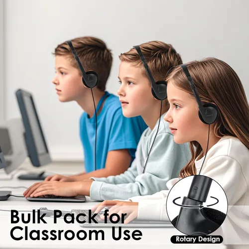 Vista 6 de 50 Pack Bulk Classroom Headphones for Students Kids School Wholesale On-Ear Headphones Class Set with 3.5mm Jack for Chromebook Laptop PC Computer