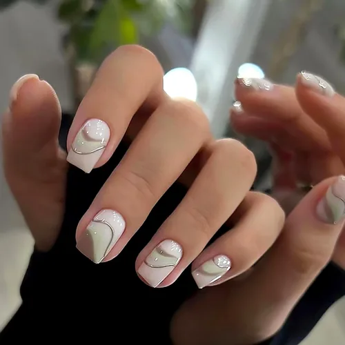Vista 10 de Uñas postizas a presión degradadas con purpurina de longitud corta, uñas postizas en forma de ataúd con diseño de hojas de corazón, 24 uñas postizas