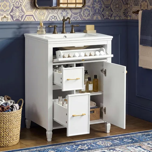 Vista 21 de Harper & Bright Designs Tocador de baño de 24 pulgadas con lavabo, tocador de lavabo individual independiente con una puerta y 3 cajones de cierre