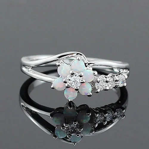 Vista 2 de Exquisito anillo de ópalo floral para mujer anillos de joyería de circonita rosablanca anillo de compromiso vintage para damas Metal Sin piedras