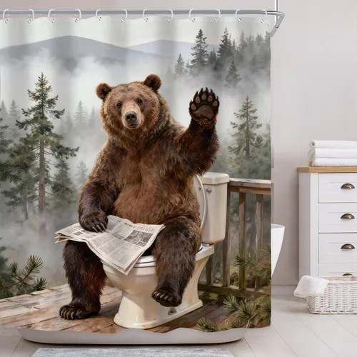 Vista 2 de Riyidecor Funny Brown Bear Shower Curtain for Bathroom Decor 60Wx72H Rustic Wooden Board Plank Animal Humorous Farmhouse Mountain Tree Art Printed