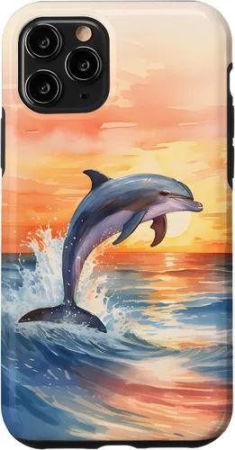 Vista 29 de Dolphin Jumping Sunset Over Ocean Watercolor Art Case for iPhone 17