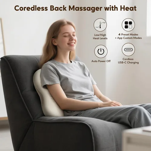 Vista 5 de arboleaf Masajeador de espalda para aliviar el dolor, control de aplicación Bluetooth, masaje inalámbrico Shiatsu cuello espalda con calor