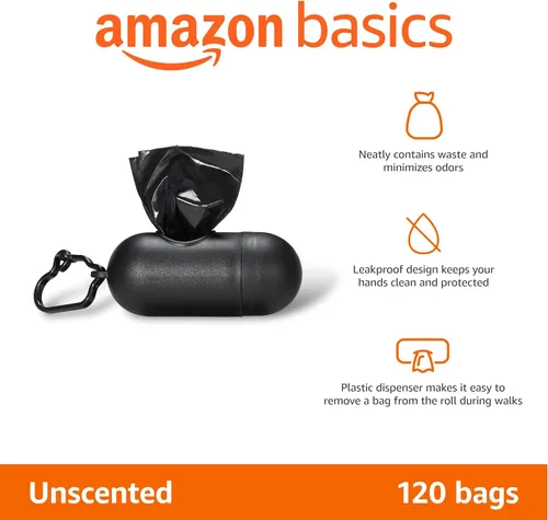 Vista 2 de Amazon Basics Bolsas para excrementos de perro, 120 unidades, mejoradas para garantizar a prueba de fugas, sin perfume, color negro