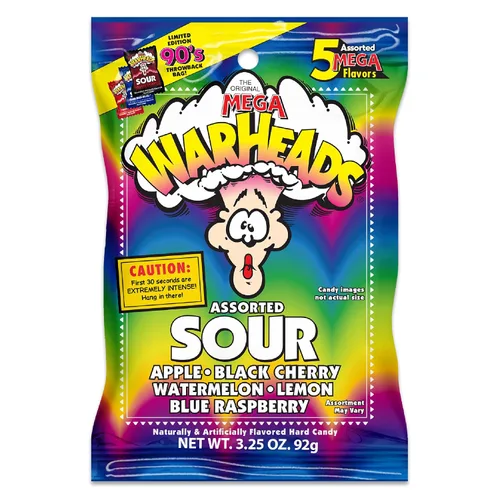 Vista 11 de WARHEADS - Extreme Sour Hard Candy - Sabores de manzana agria, cereza negra, frambuesa azul, limón y sandía - Bolsas de 1 onza - Paquete de 12