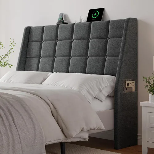 Vista 15 de Cabecera ergonómica tapizada de tamaño completo con estación de carga, cabeceros wingback de lino con bolsillo de almacenamiento, solo cabecero