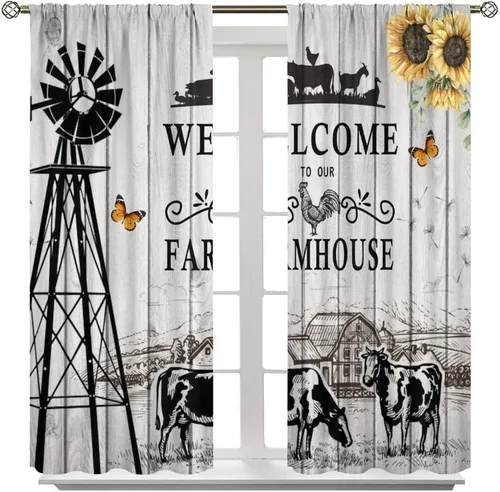 Vista 3 de Western Farms - Cortinas de ventana con estampado de vaca, color blanco y negro, para sala de estar, 42 x 45 pulgadas