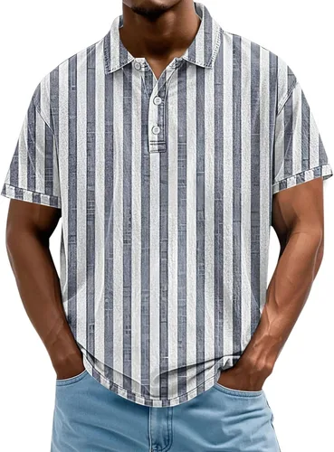 Vista 18 de Camisa polo de manga corta para hombre, camiseta de golf a rayas, de manga corta, para vacaciones, casual, cuello en V, camiseta de verano