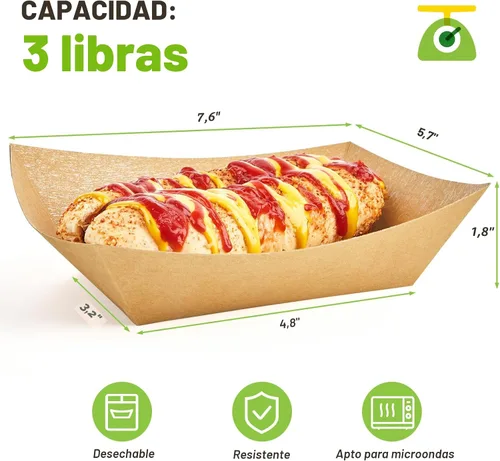 Vista 2 de ZORRITA - Bandejas de papel para comida de 3 libras - Pack de 50 bandejas desechables para nachos, bandejas de papel kraft para tacos, cestas