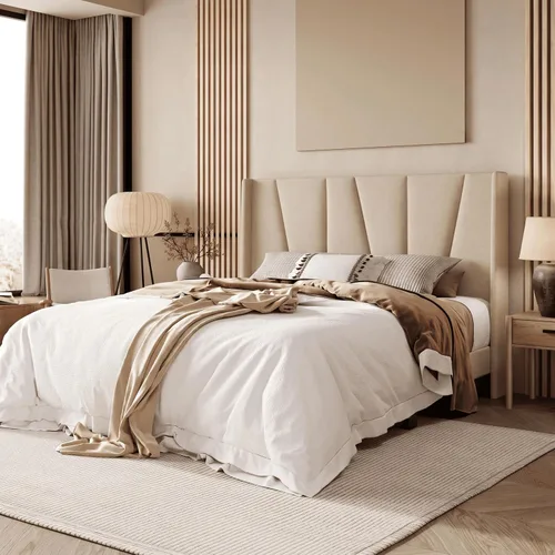 Vista 3 de Allewie Base de cama de plataforma tamaño Queen con cabecera geométrica con respaldo de alas, cama tapizada bohemia con soporte de listones de Beige