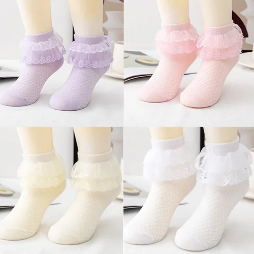 Vista 5 de Looching 5 pares de calcetines de encaje con volantes para niñas pequeñas con ojales de algodón blanco con volantes calcetines de princesa