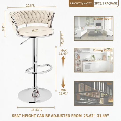 Vista 2 de AWQM Juego de 2 taburetes de bar de terciopelo, taburetes de cocina giratorios de altura ajustable con respaldo bajo para comedor, barra