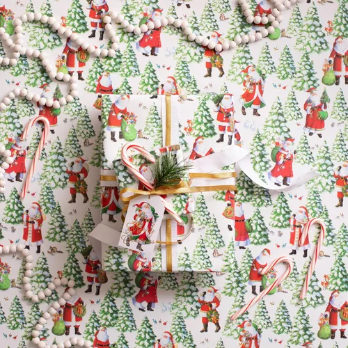 Vista 4 de Caspari Rollo de papel de regalo de Woodland Santa, 30 pulgadas x 8 pies, papel de regalo de Navidad prémium con diseño de Papá Noel del bosque