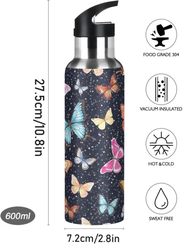 Vista 9 de Stainless Steel Water Bottle 20 Oz, Leakproof Water Bottles for Gym Outdoor Travel School, Colorful Butterflies Black
