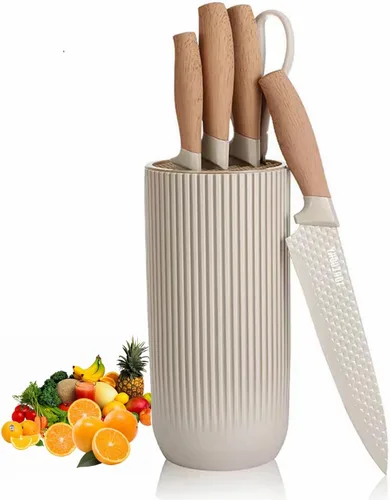 Vista 9 de Juego de cuchillos de cocina de acero inoxidable con revestimiento de madera de 6 piezas con bloque (beige) Wood Grain Handle,Non-Stick,Sharp