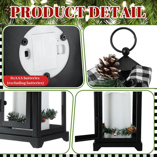 Vista 3 de Baquler 2 faroles de metal negros de Navidad y velas LED falsas de 12 y 15 pulgadas, faroles decorativos con adorno de Navidad para porche