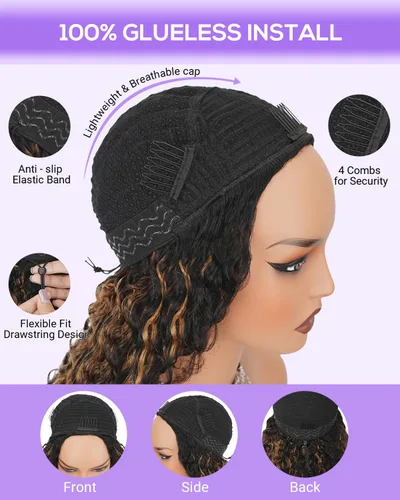 Vista 9 de FB30 - Peluca de cabello humano rizado birmano ombré con reflejos, densidad del 180 %, sin pegamento, con cordón para llevar y llevar, con extremos