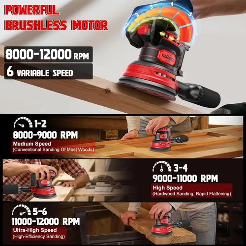 Vista 2 de Lijadora orbital inalámbrica compatible con Milwaukee 18V, lijadora orbital eléctrica con motor sin escobillas de 12000 RPM, lijadora de velocidad