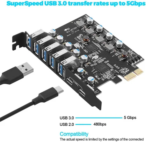 Vista 5 de PCIE - Tarjeta de expansión USB 3.0, 7 puertos (5X tipo A y 2 USB C) Tarjeta PCIe Super Speed PCI Express USB3 Hub Controller Adaptador para Windows