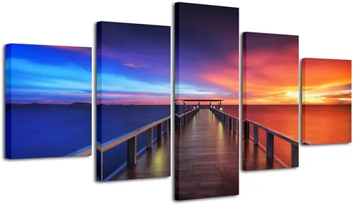 Vista 8 de Pyradecor 5 paneles tamaño XL atardecer, puente, impresiones en lona HD, paisajes del mar, arte en lona, paisajes para el hogar, decoración