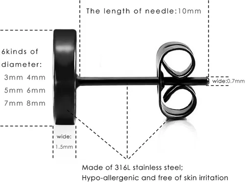 Vista 4 de LIEBLICH Juego de aretes redondos negros de acero inoxidable para hombres y mujeres 6 pares de aretes de 031 a 031 pulgadas 3 a 0315in negro Acero