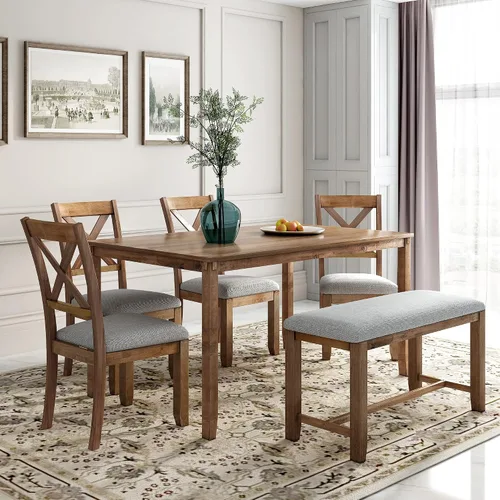 Vista 2 de Quarte Juego de mesa de comedor de 6 piezas, mesa de comedor rectangular de madera maciza, 4 sillas tapizadas y banco, muebles familiares rústicos