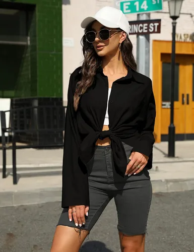 Vista 5 de Bianstore Camisas de lino de gran tamaño para mujer, blusas de manga larga con botones altos y bajos