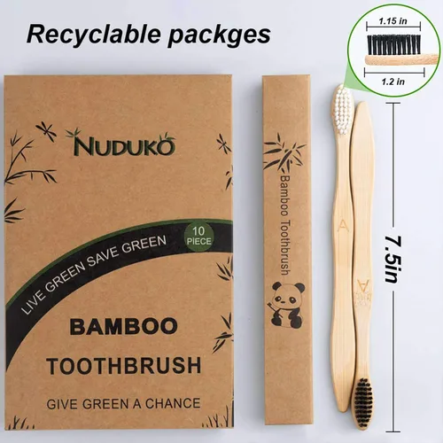 Vista 7 de NUDUKO Cepillos de dientes de bambú biodegradables, paquete de 10 unidades, ecológico, cepillo de dientes de madera natural, sin BPA